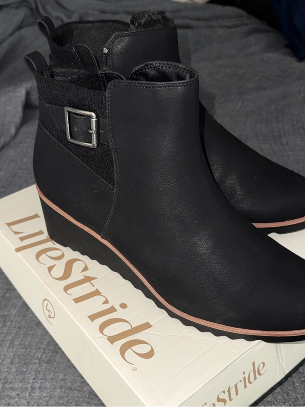 Life Stride Black Wedge Ankle Booties with Buckle Accent